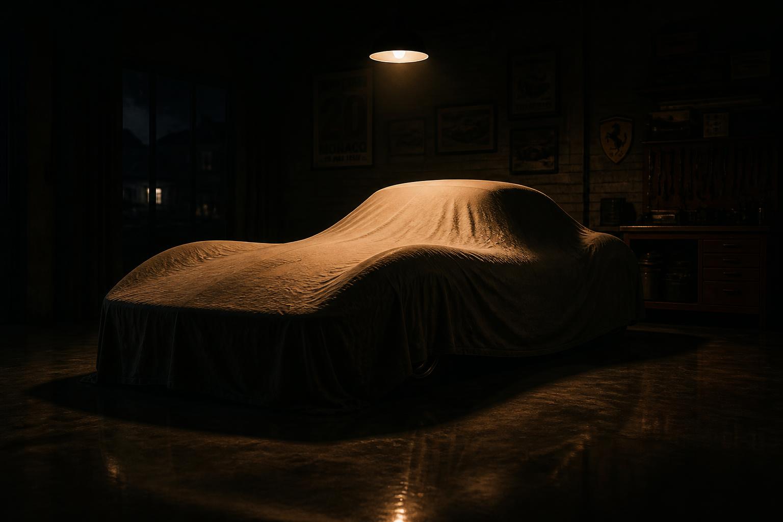 A covered classic European sports car resting under a single overhead light in a private garage